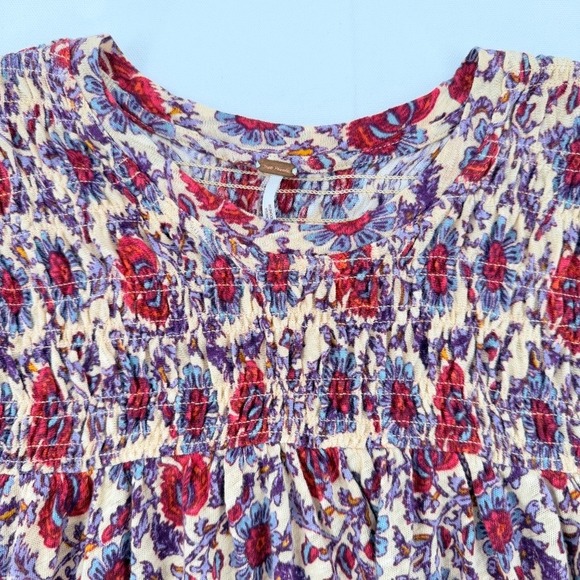 Free People Ruffled Up Printed Smocked Boho Top Linen Blend S - Picture 4 of 12